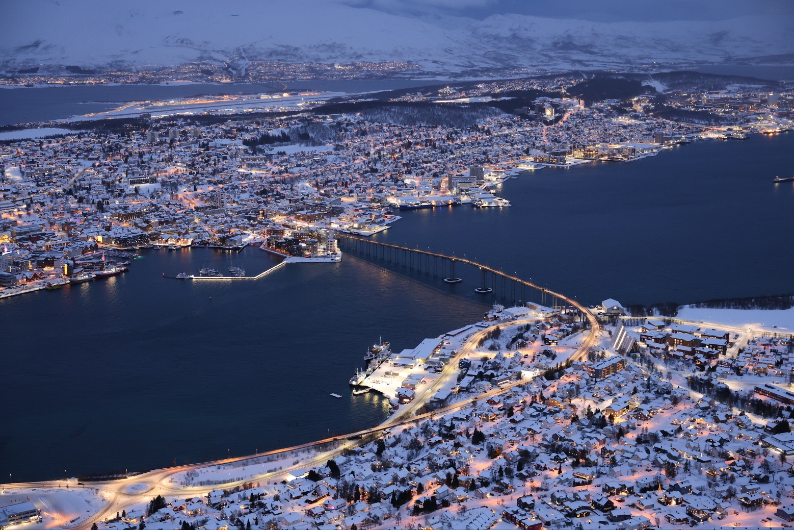 Aerial view of Tromso city at night